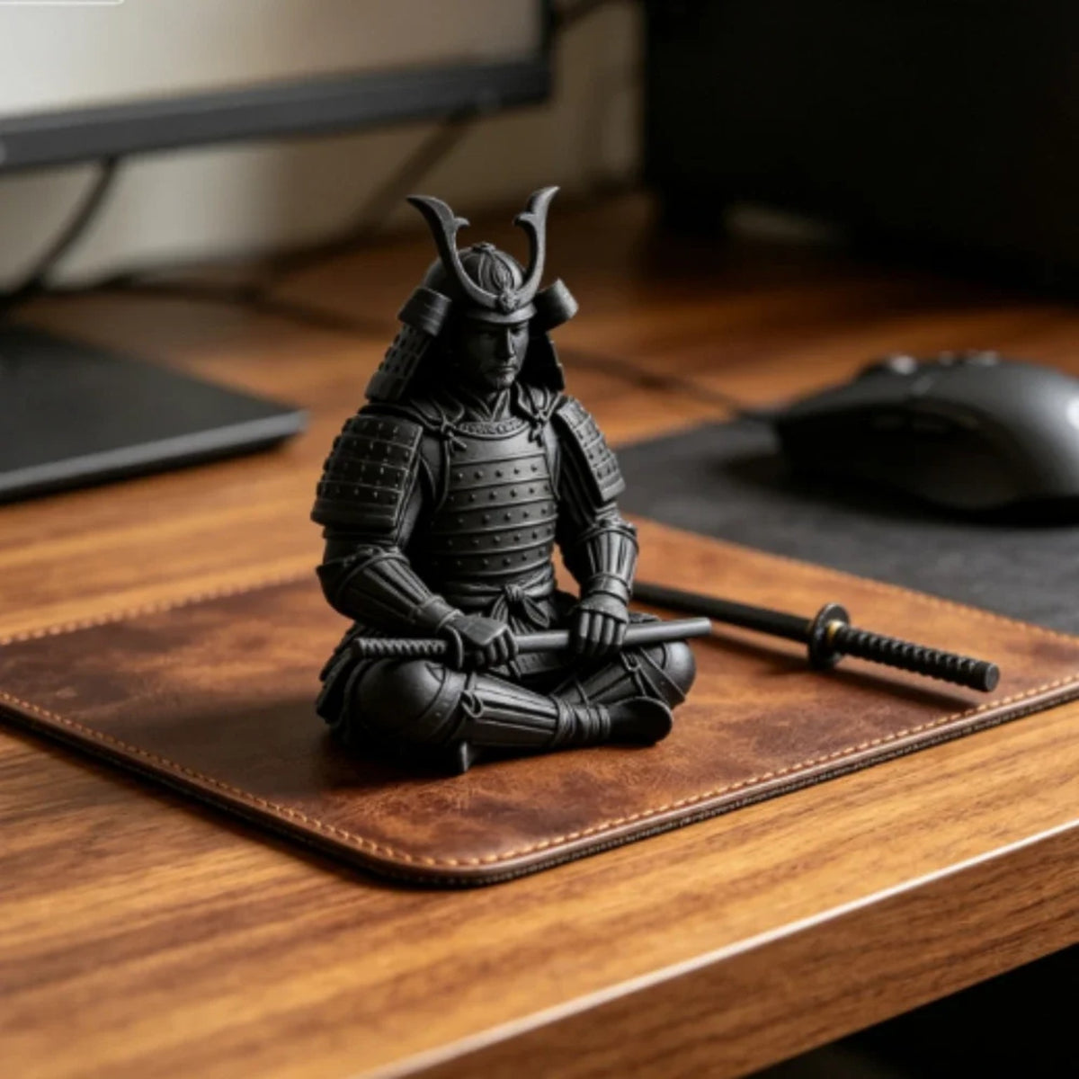Zen sitting samurai figure among weathered stone ruins