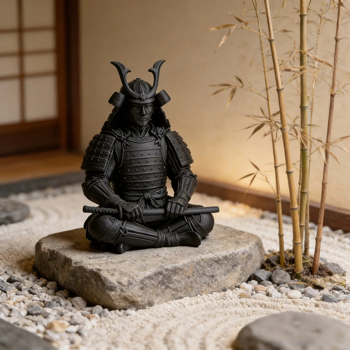 Zen sitting samurai figure displayed on a wooden desk