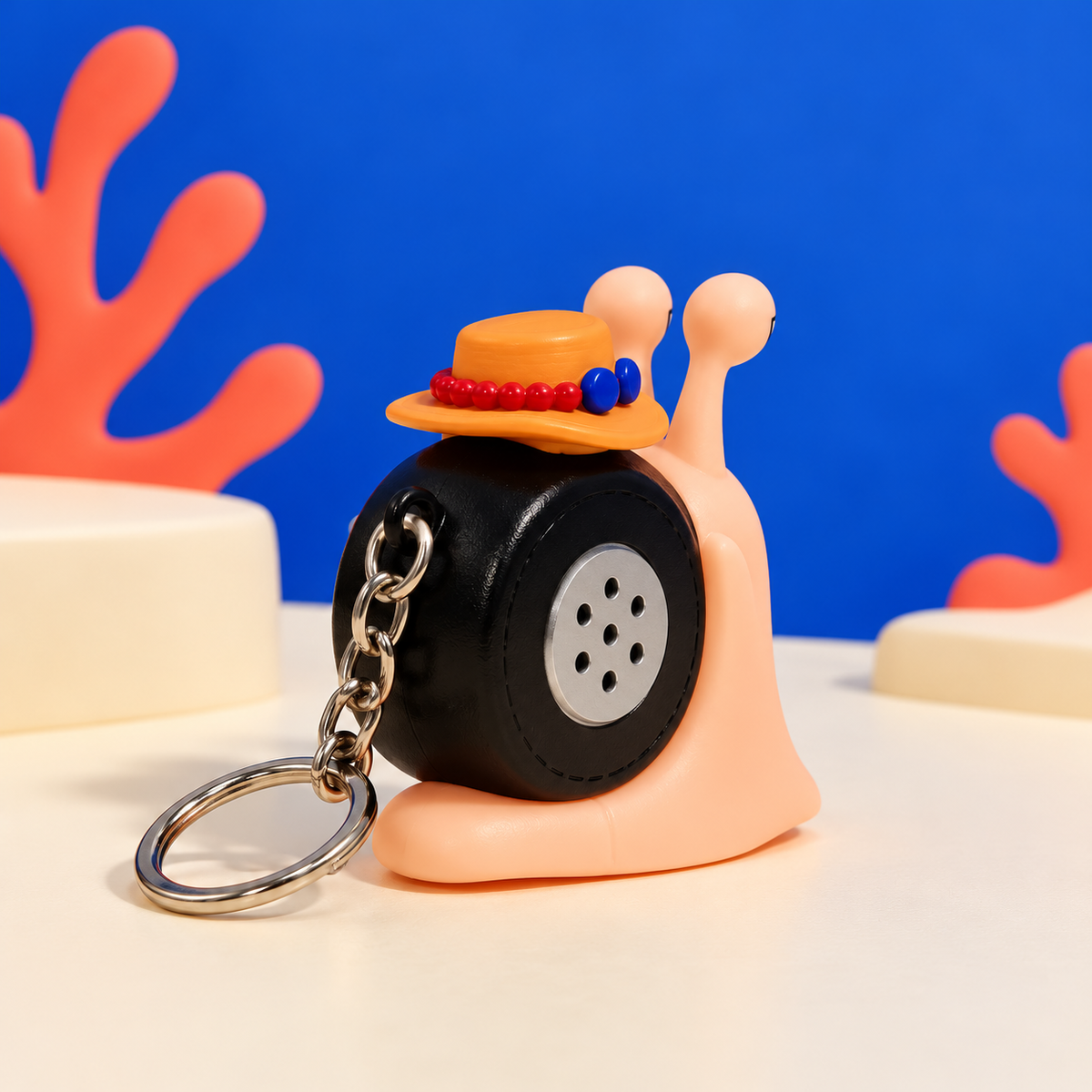 Rear three-quarter view of the Ace Den Den Mushi keychain showing its shell and keyring