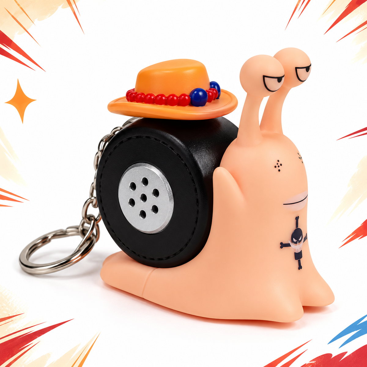 Ace Den Den Mushi keychain in a distinct side view, with its black shell and speaker facing camera