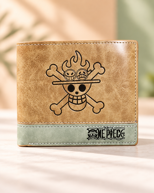 Tan and sage Ace Skull bifold wallet, front view
