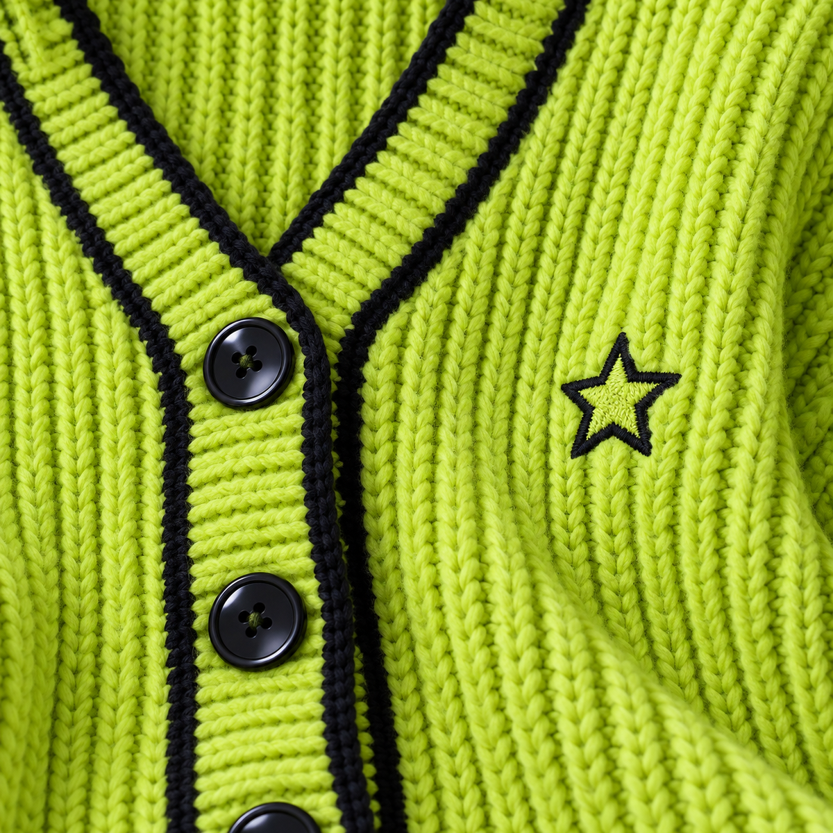 Close-up of chunky lime knit, black buttons, trim and star embroidery
