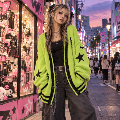 Acid-lime cardigan styled with dark Gyaru layers on a Harajuku street