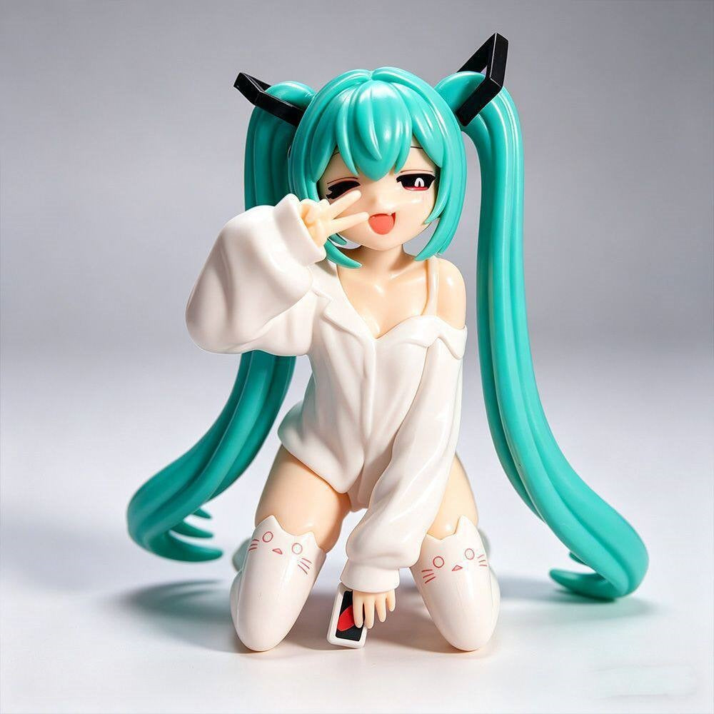 Ahegao Hatsune Miku Figure kneeling front view in white outfit