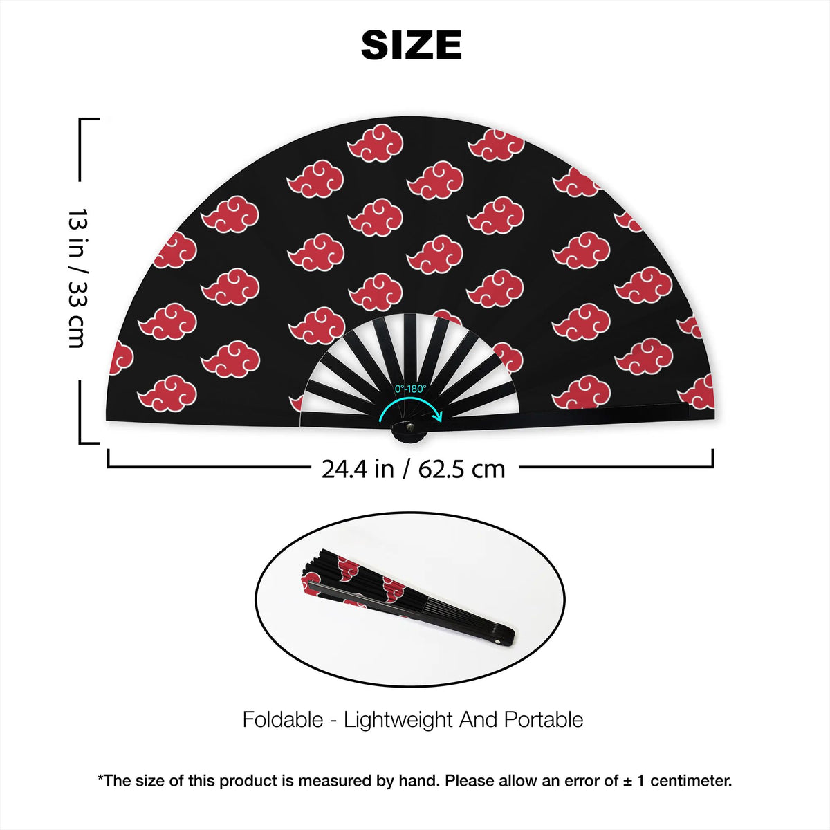 Akatsuki clouds folding fan with size and portability details