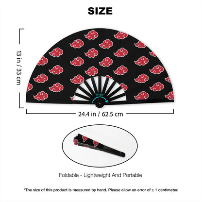 Akatsuki clouds folding fan with size and portability details