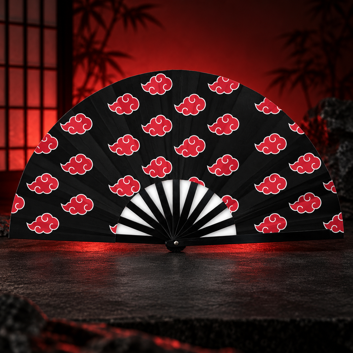 Akatsuki clouds folding fan in a dramatic red studio scene