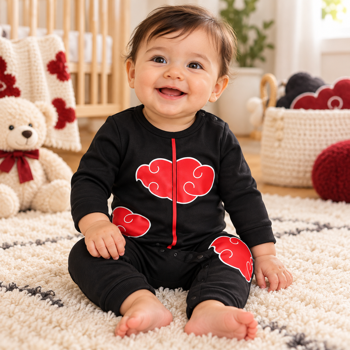 Illustrative nursery lifestyle image of a baby wearing the black and red Akatsuki-inspired onesie