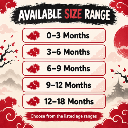 Akatsuki baby onesie available size range from 0–3 through 12–18 months