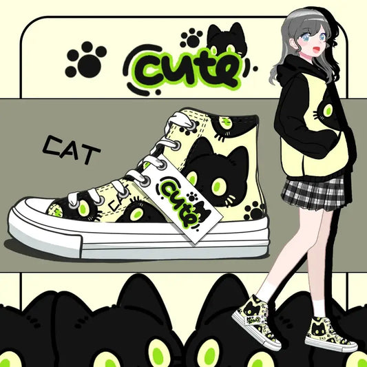 Canvas Cute Green Cat Anime Shoes