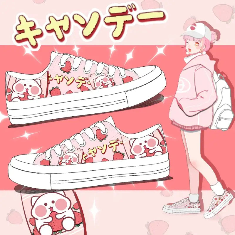 Canvas Strawberry Neko Anime Shoes