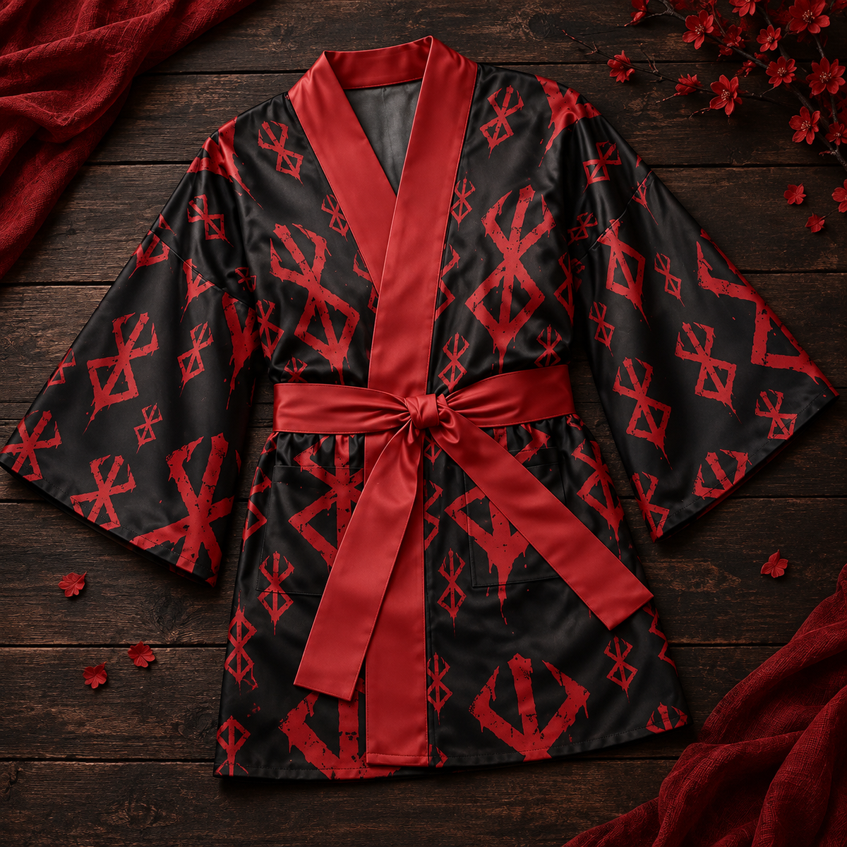 Close-up display of red details on black kimono