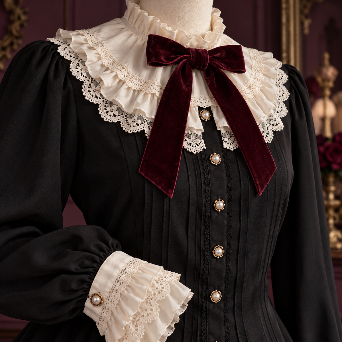 Black Lolita blouse collar and bow detail