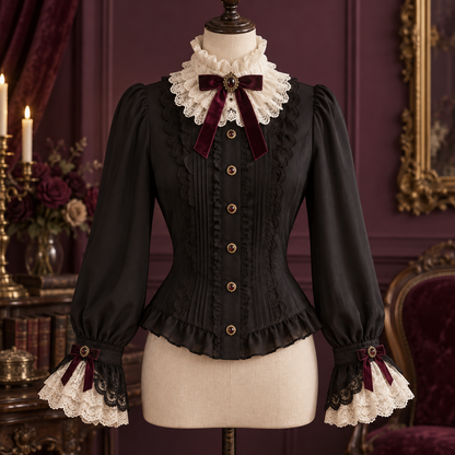 Black and burgundy Lolita blouse with ivory ruffled collar