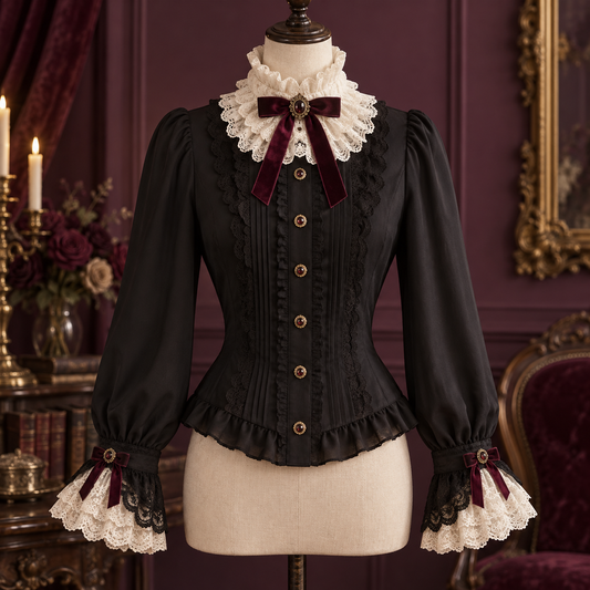 Black and burgundy Lolita blouse with ivory ruffled collar