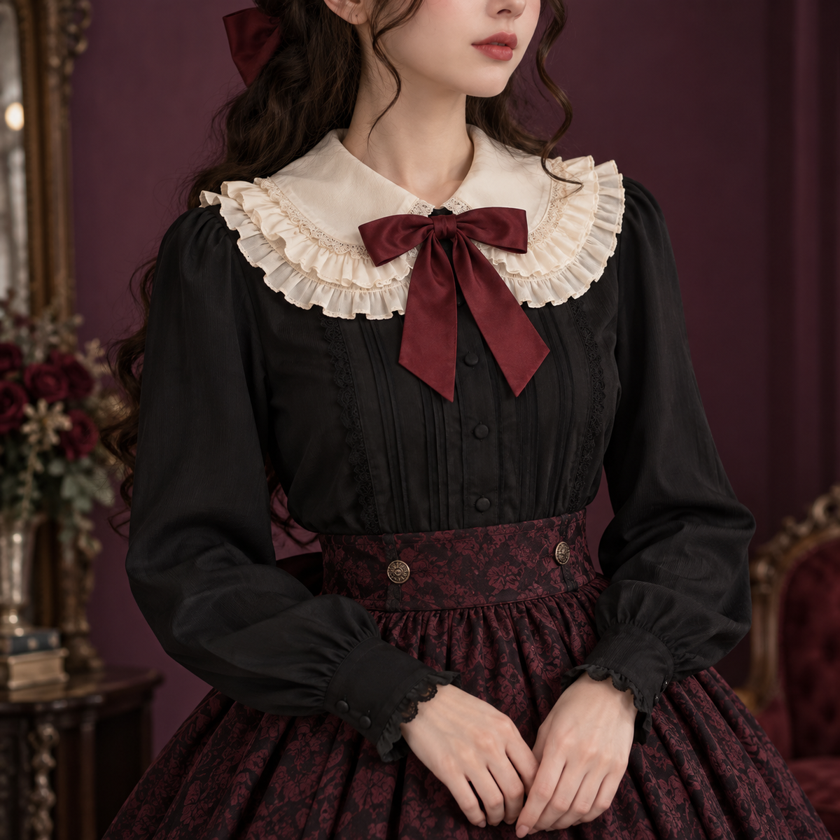 Black Lolita blouse styled with a dark skirt