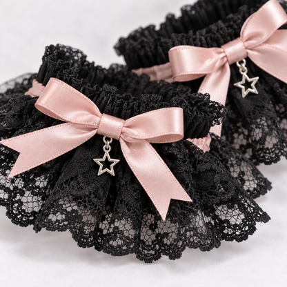 Close-up of lace, satin bows, and star accents on the Harajuku wrist cuffs