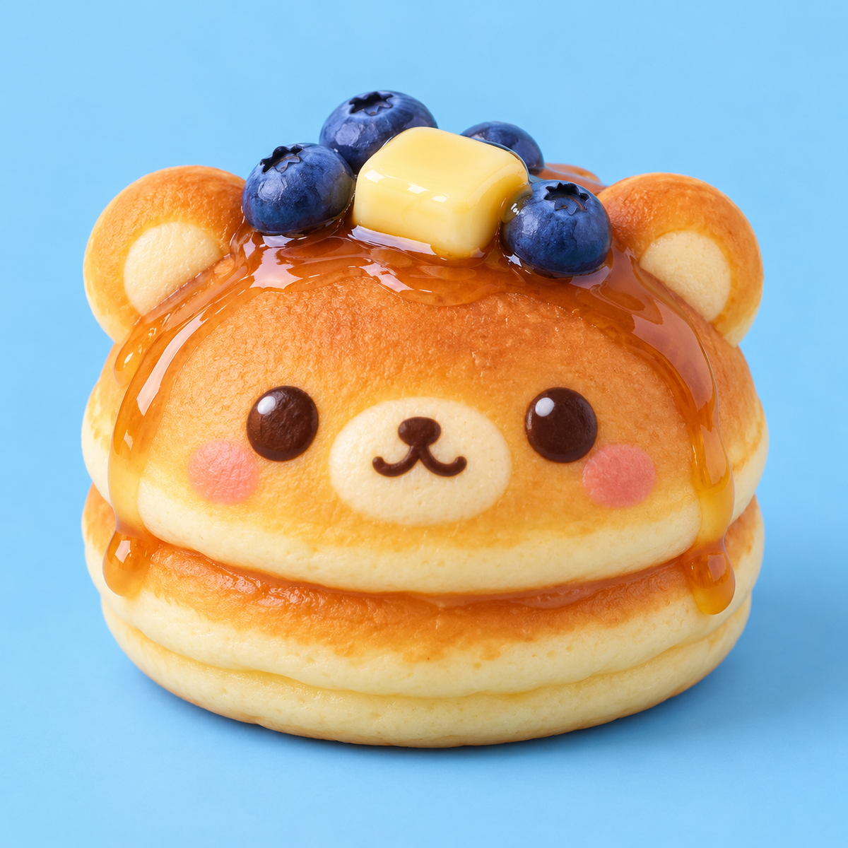 Blueberry pancake bear kawaii squishy toy on a blue background