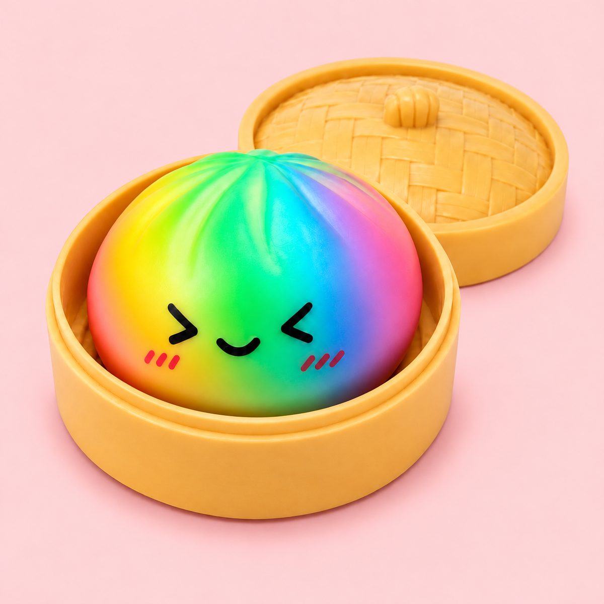 Blushing Rainbow Dumpling Squishy in bamboo steamer on blush pastel background