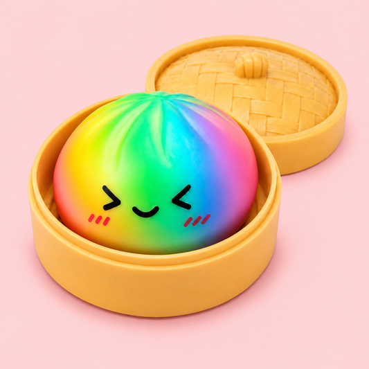 Blushing Rainbow Dumpling Squishy in bamboo steamer on blush pastel background