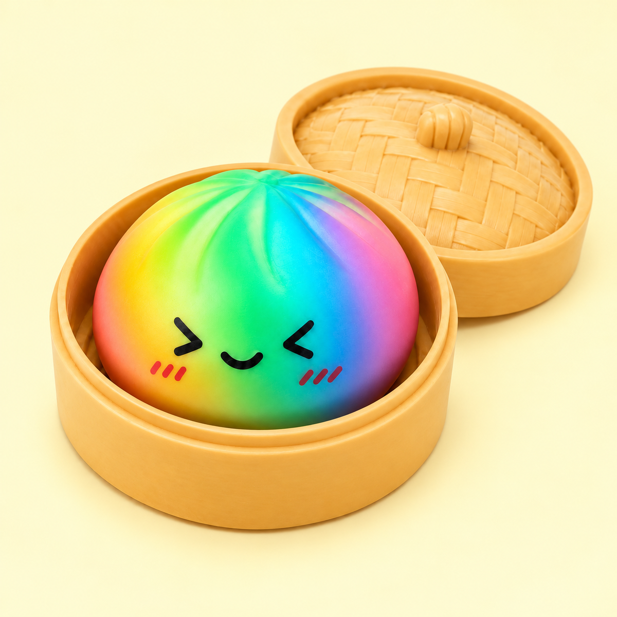 Three-quarter view of Blushing Rainbow Dumpling Squishy on butter-yellow background