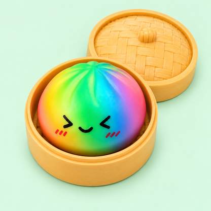 Top view of Blushing Rainbow Dumpling Squishy with open bamboo steamer on mint background