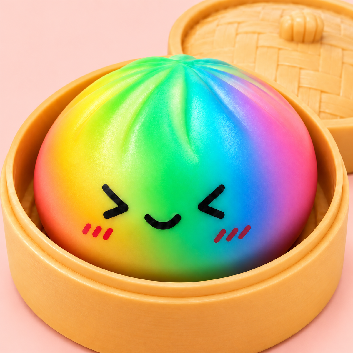 Close-up of glossy rainbow colors and kawaii face on Blushing Rainbow Dumpling Squishy