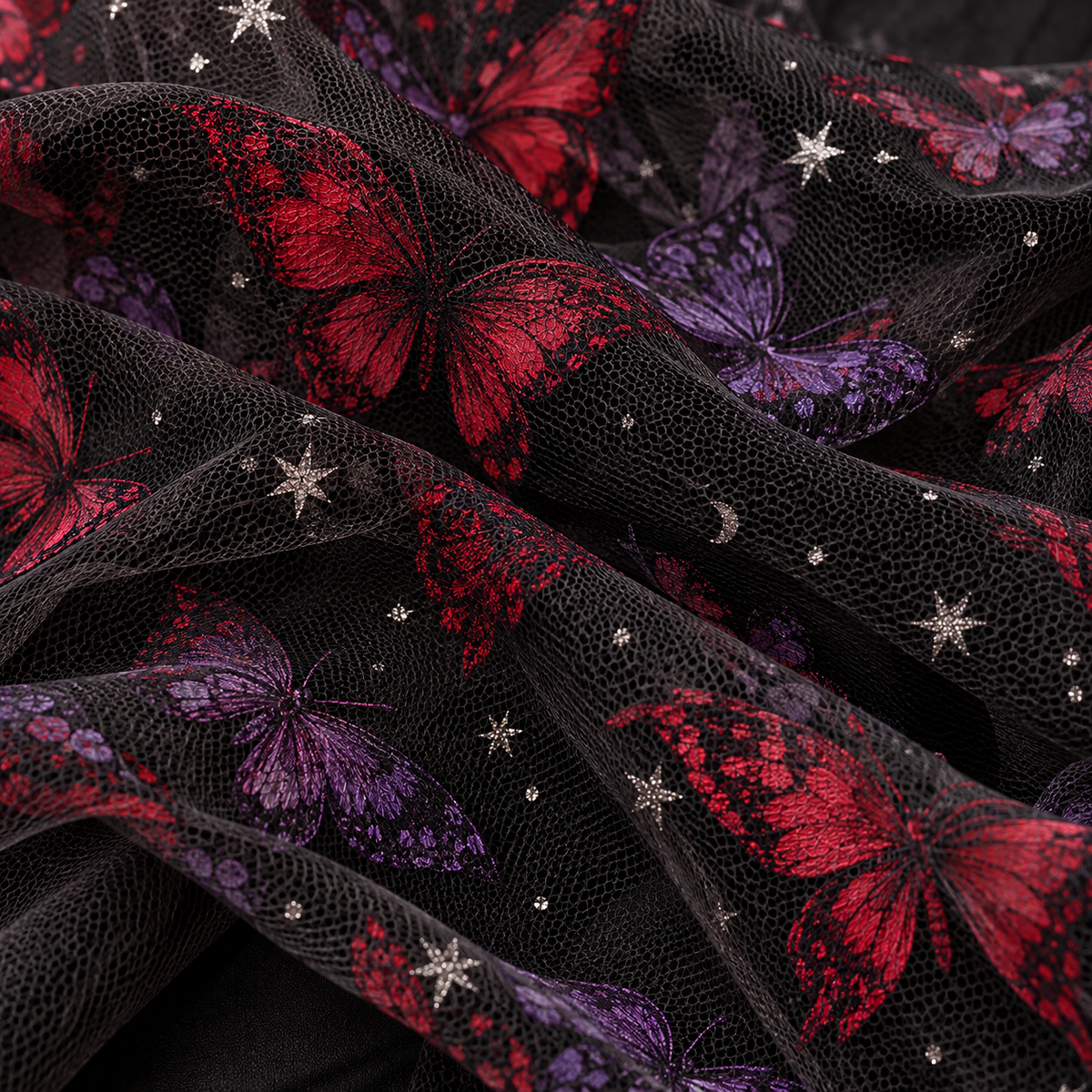 Close-up of black butterfly-print mesh with silver star accents