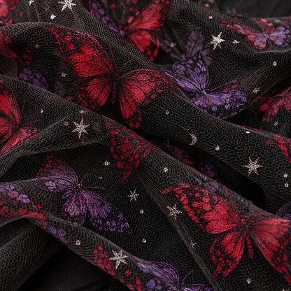 Close-up of black butterfly-print mesh with silver star accents