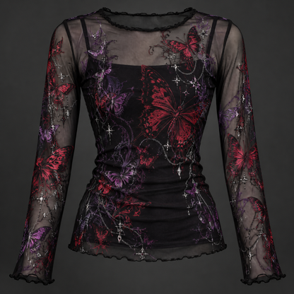 Black long-sleeve mesh top with crimson and violet butterfly graphics