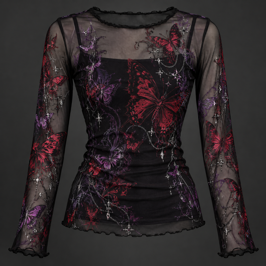 Black long-sleeve mesh top with crimson and violet butterfly graphics