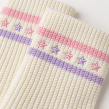 Close-up of the ribbed knit and embroidered stars on pastel Harajuku knee socks