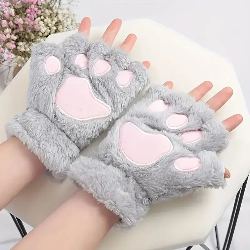Grey Fluffy Cat Paw Gloves