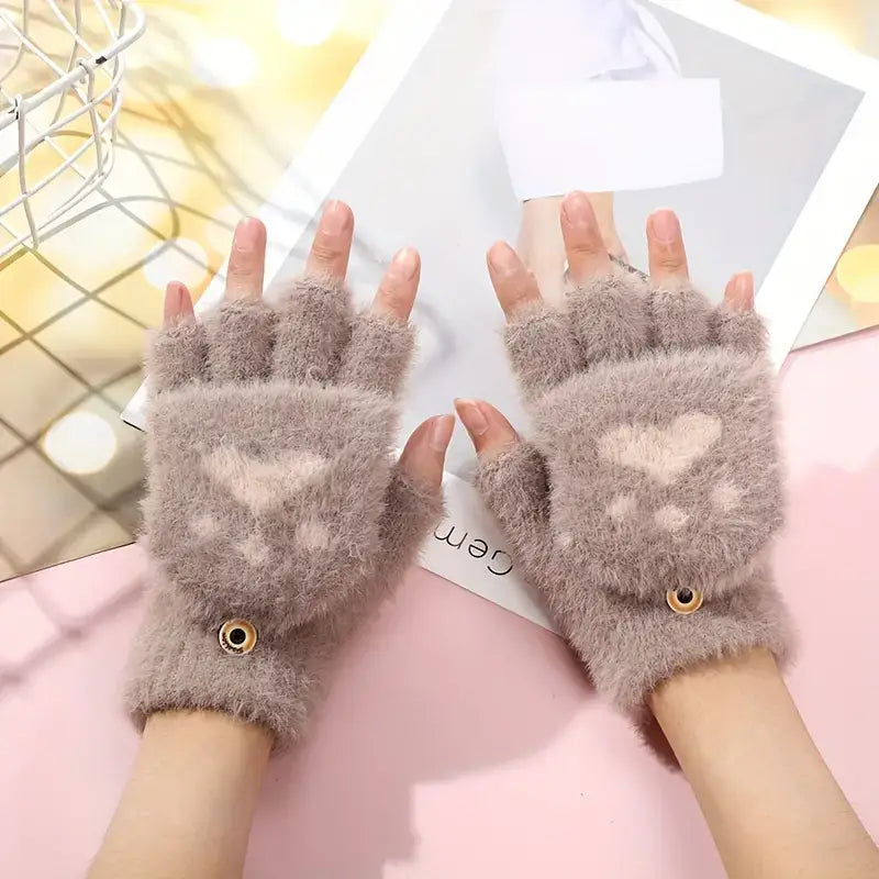 Brown Heart Cat Paw Gloves