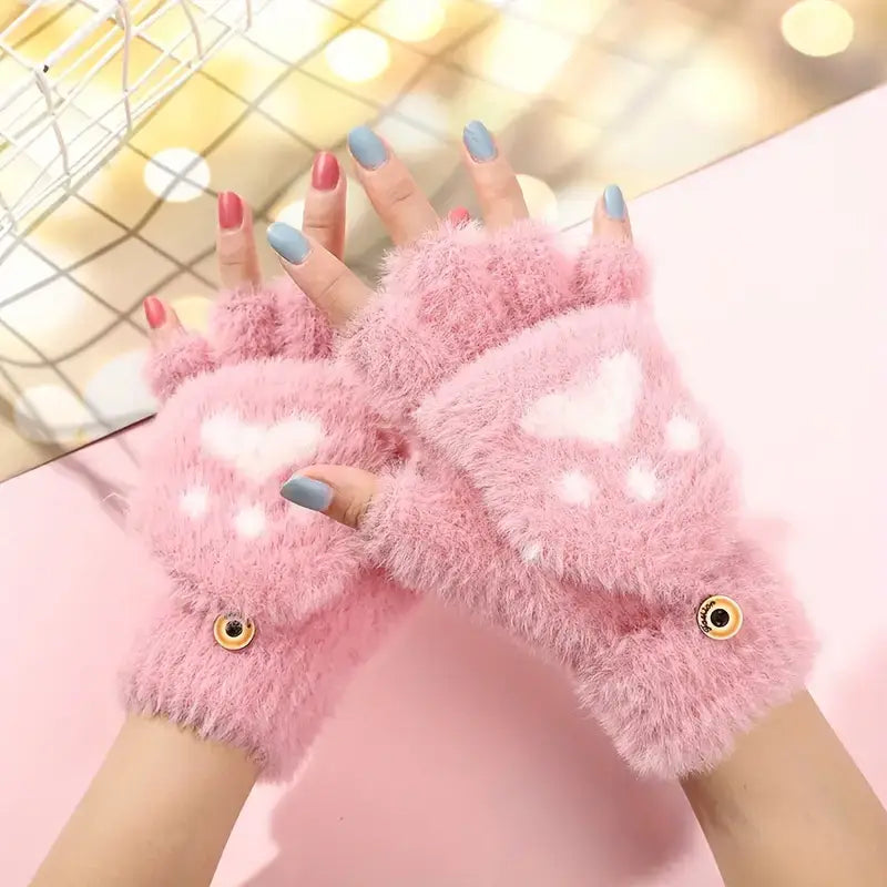 Pink Heart Cat Paw Gloves