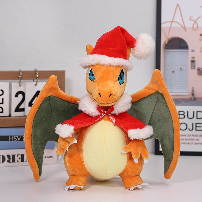 Charizard Christmas Plush front view in Santa hat and cape