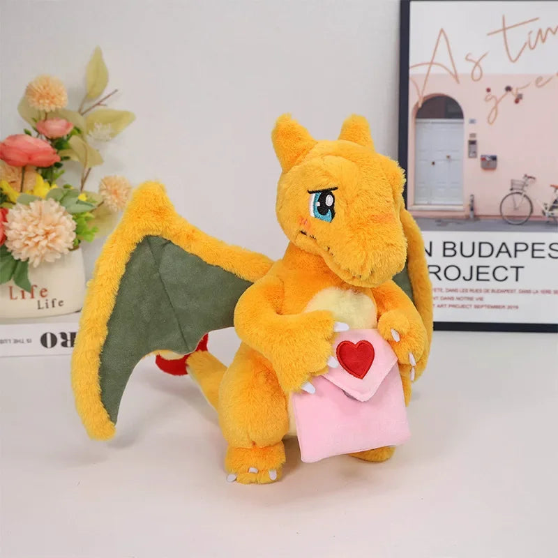 Charizard Valentine's Day Plush holding a pink heart envelope front three-quarter view