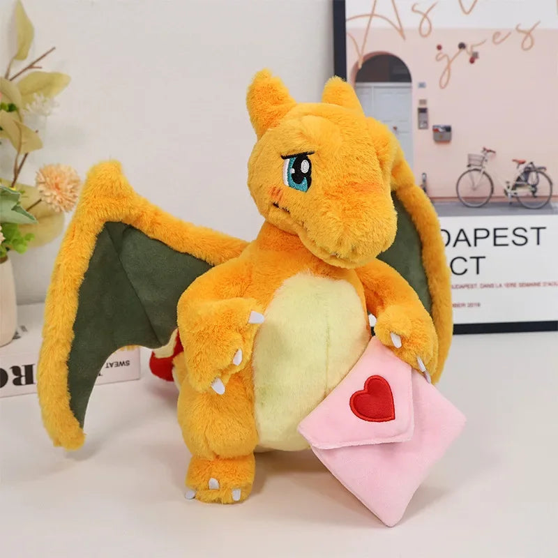 Charizard Valentine's Day Plush angled view with pink Valentine envelope