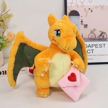 Charizard Valentine's Day Plush angled view with pink Valentine envelope