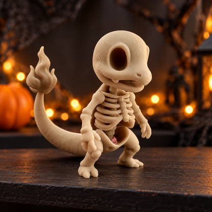 Charmander Skeleton Halloween Figure in beige with sculpted skeletal details displayed on a dark shelf with Halloween decorations
