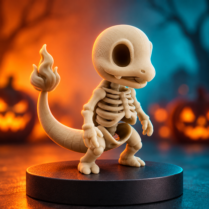 Charmander Skeleton Halloween Figure product mockup with vibrant Halloween backdrop and pedestal