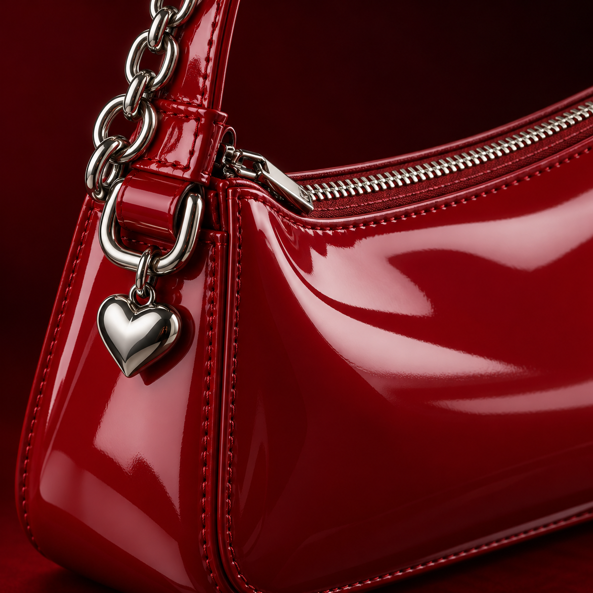 Close-up of cherry-red bag zipper, chain strap attachment and heart charm