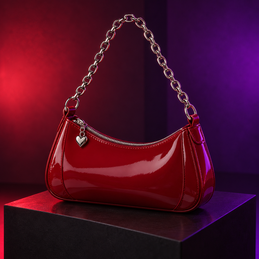 Glossy cherry-red shoulder bag with silver chain strap and heart charm