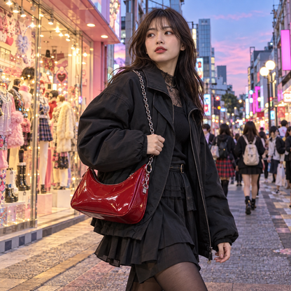 Cherry-red shoulder bag styled with dark Gyaru layers in Harajuku