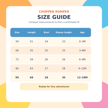 Vibrant Chopper baby romper size guide with measurements for five age ranges