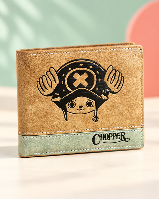 Tan and sage Chopper bifold wallet, front view