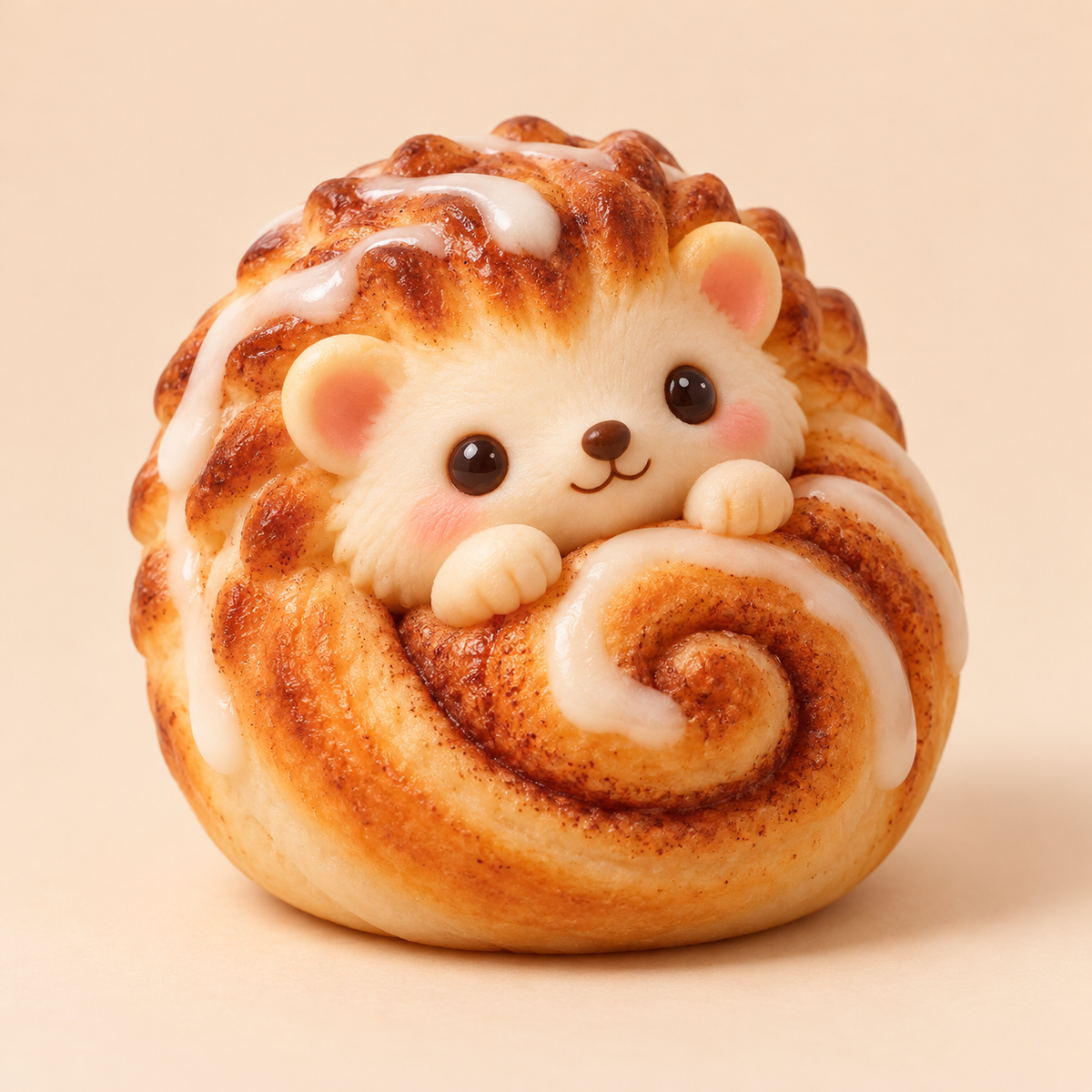 Cinnamon roll hedgehog kawaii squishy toy on warm cream background
