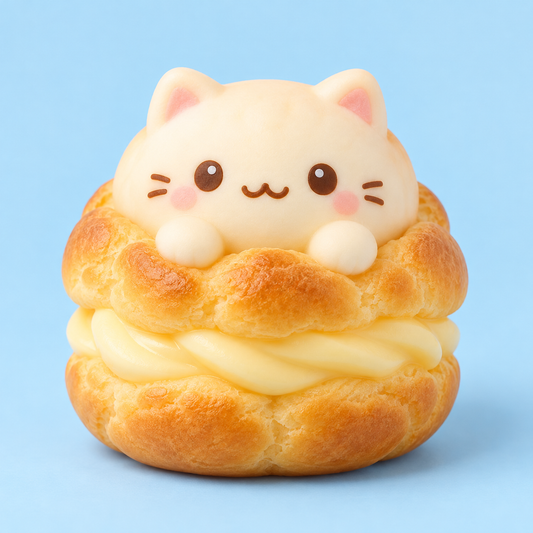 Kawaii cream puff cat squishy toy on pale blue background