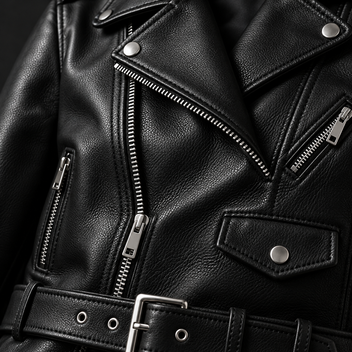 Close-up of jacket stitching, silver zippers, snaps and buckle