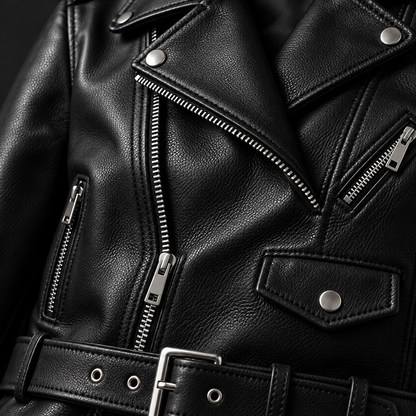 Close-up of jacket stitching, silver zippers, snaps and buckle